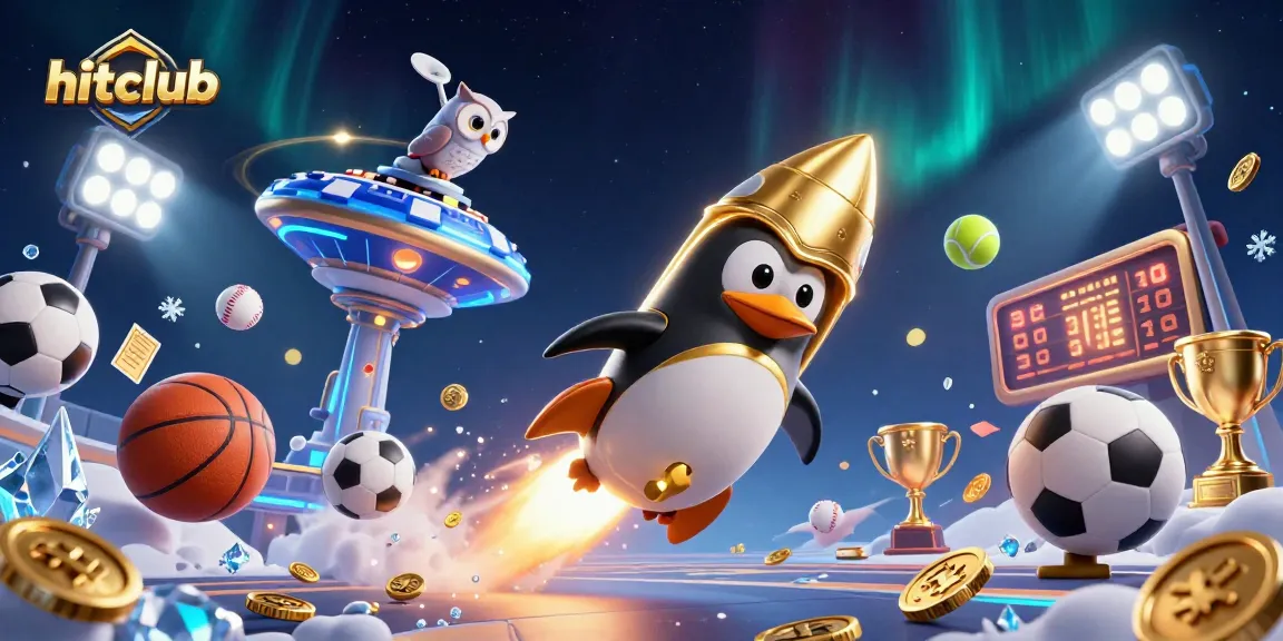 hitclub offers thrilling gambling action as a golden penguin navigates a vibrant casino universe filled with sports betting elements.