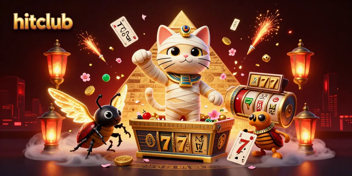 Experience the thrill of hitclub with a vibrant 3D illustration featuring an Egyptian mummy cat amidst golden slot reels and festive fireworks.