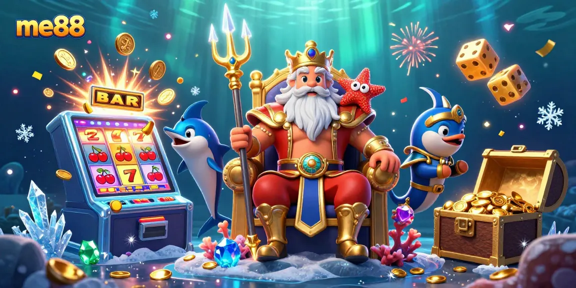 Experience thrilling gaming action at me88 with Neptune, a swordfish samurai, and vibrant slot machines.