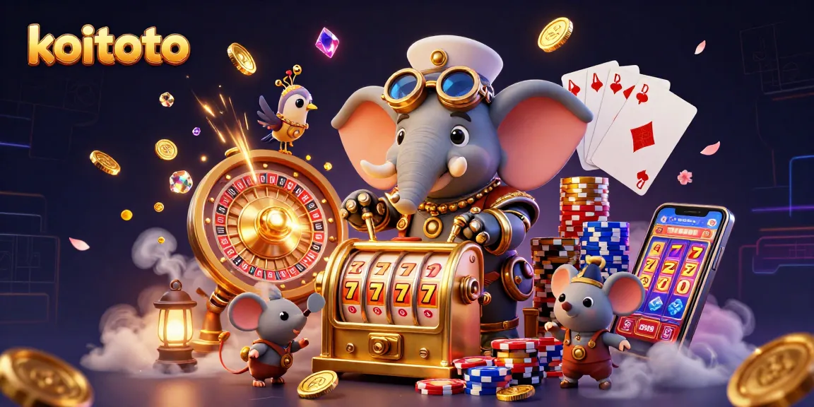 Koitoto menghadirkan mesin slot emas dan elefant steampunk, dengan token dan koin berkilauan.