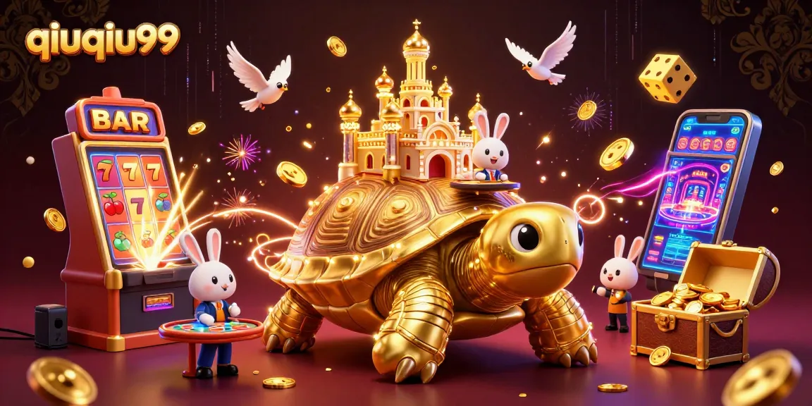 Experience thrilling card games and slots at qiuqiu99, featuring a vibrant 3D scene of gaming action.