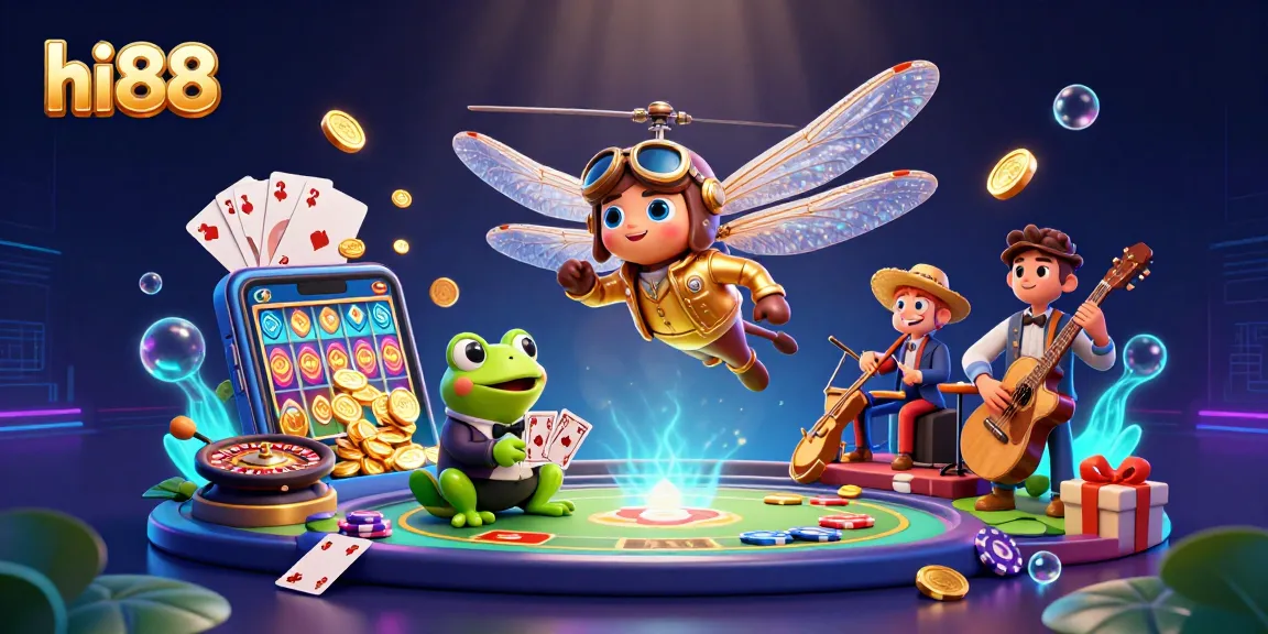 Join the excitement at hi88 with a lively casino scene featuring a frog dealer and a dragonfly pilot.