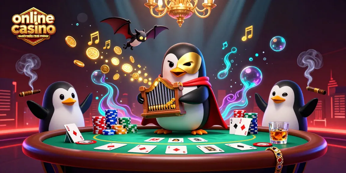 Experience the thrill of online casino Australia real money with vibrant gambling characters, gold coins, and poker elements.