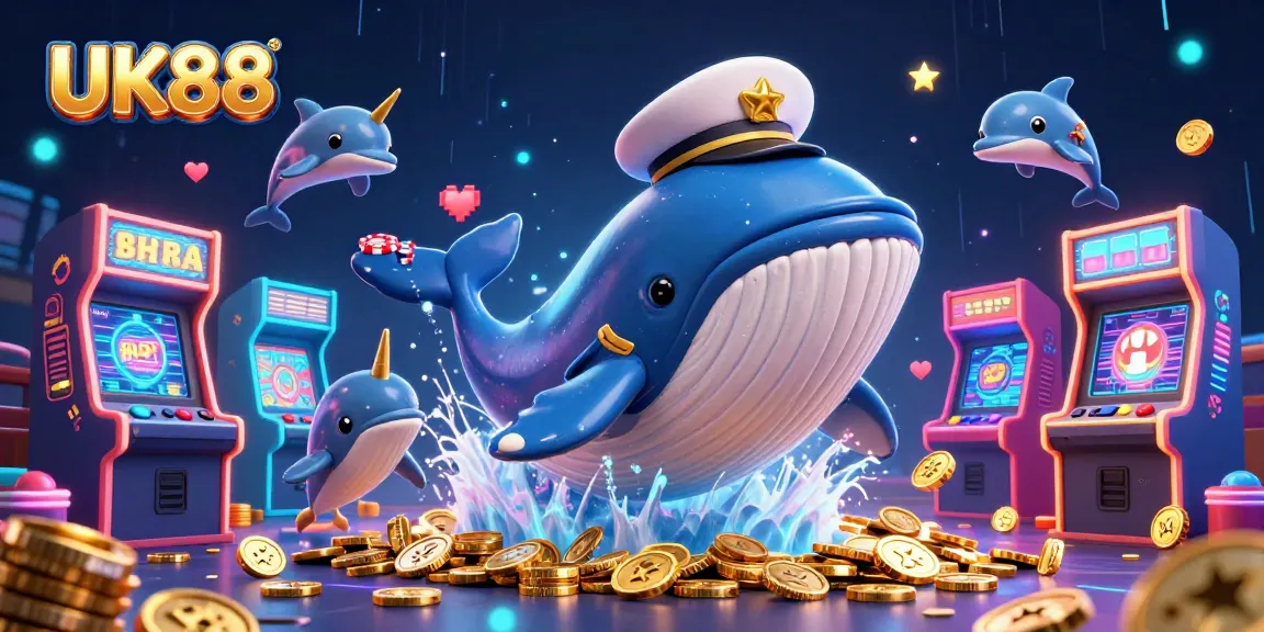 Experience thrilling gameplay at UK88 with a massive whale and playful dolphins amidst coins.