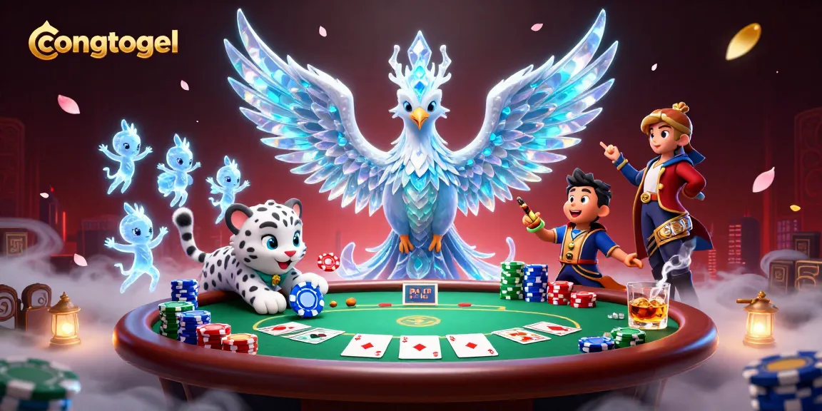 Experience a vibrant congtogel scene with 3D cartoon characters and poker elements in a fantastical casino.