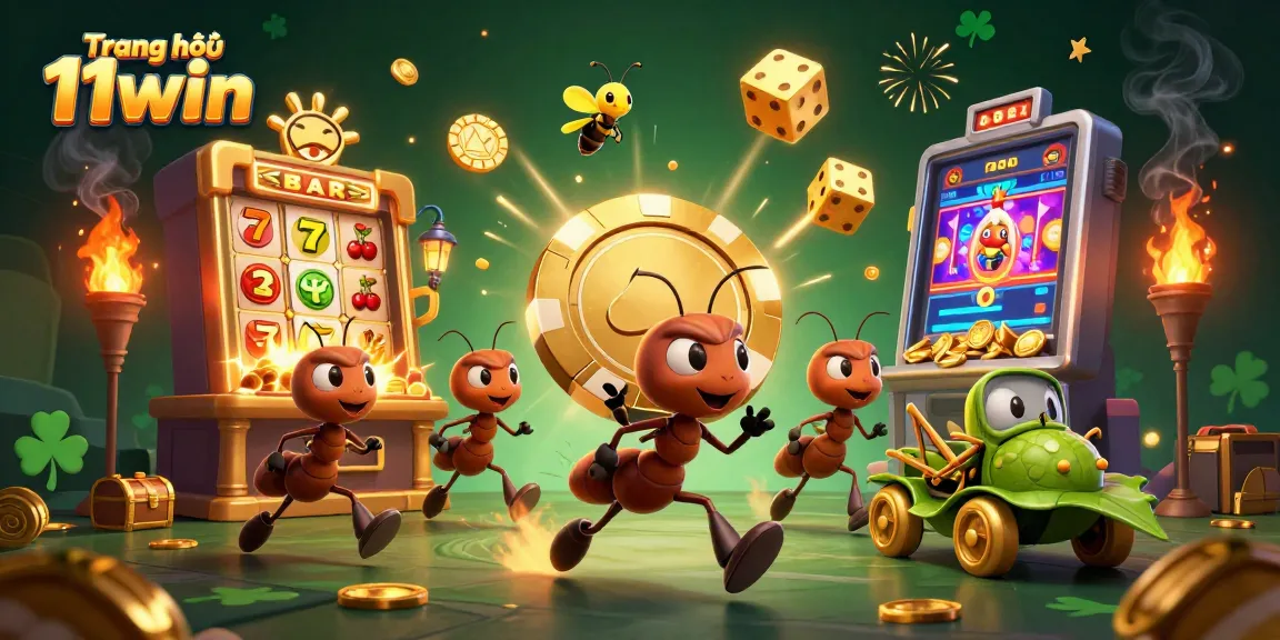 Engage with the casino adventure of Trang chủ 11win featuring ants heisting a golden poker chip amid vibrant gambling elements.