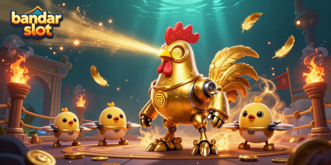 Bermain bandar slot dengan karakter robot ayam emas dan drone anak ayam di arena pertarungan
