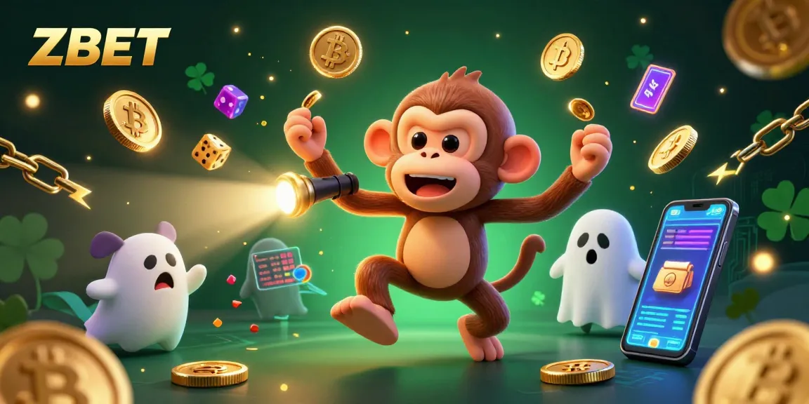 Experience ZBET with a playful ghost-hunter puppy tracking a poltergeist monkey amidst vibrant casino elements.
