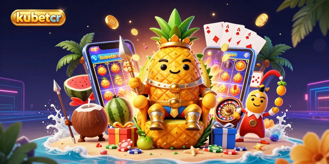 Engage in thrilling gaming with kubetcr at a vibrant beach casino featuring a lively golden pineapple king and game elements.
