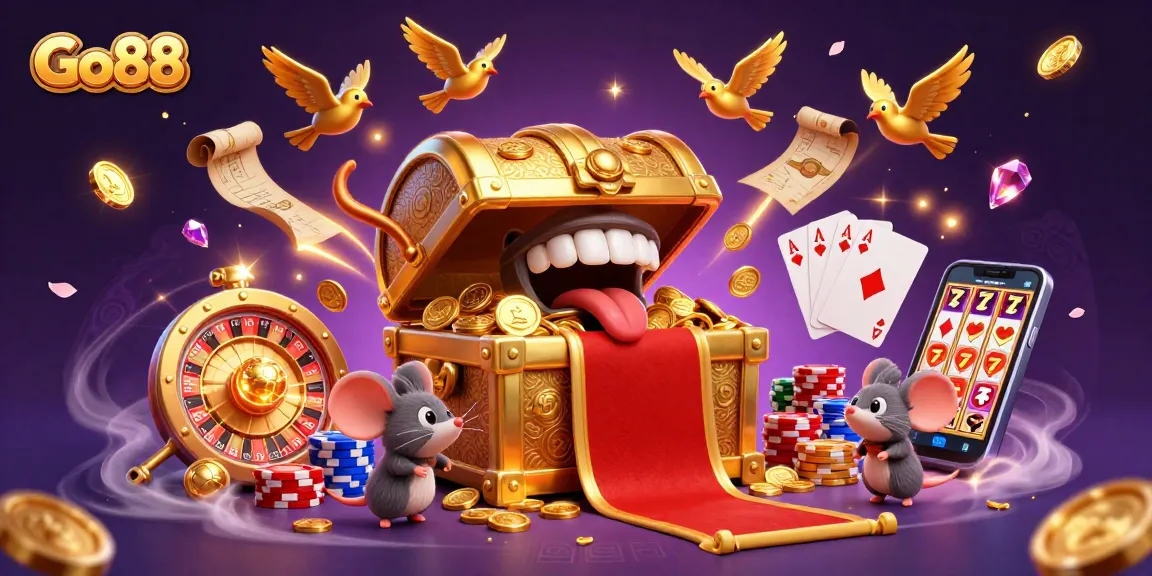 Engage with Go88 and explore the treasure-filled casino scene featuring animated character elements and gaming symbols.