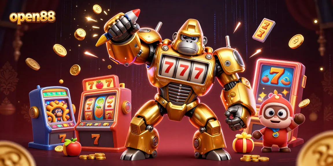 Experience open88 with a golden gorilla mech surrounded by dynamic slot machine elements and jackpot excitement.