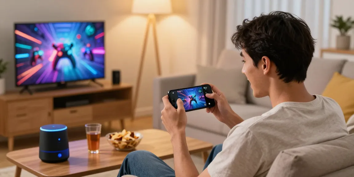 Tiranga Game user enjoying mobile gaming on a smartphone in a cozy living room.