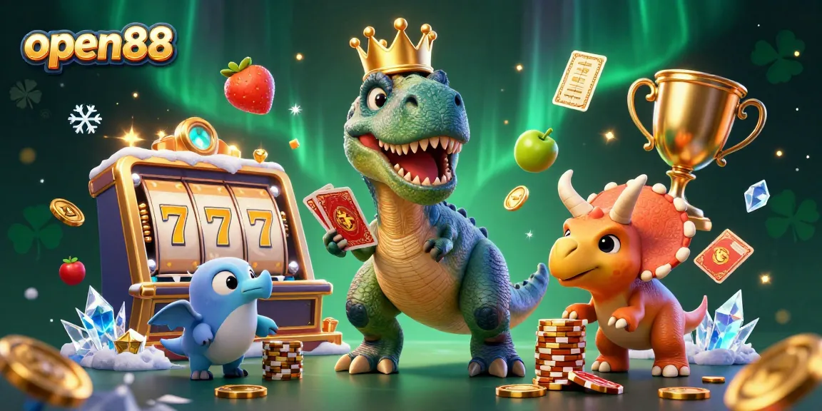 Experience thrilling gameplay with open88 featuring a friendly T-Rex and vibrant jackpot elements.