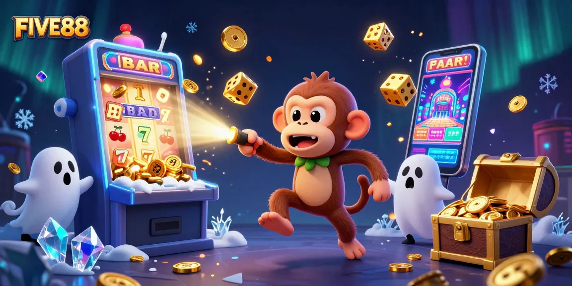 FIVE88 offers an exciting haunted casino scene, showcasing a mischievous monkey juggling gold items amidst a jackpot explosion.