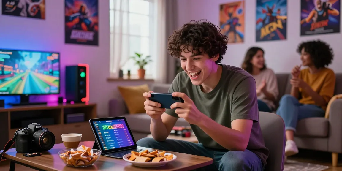 Excited player enjoying Mega888 ios game on smartphone in cozy gaming setup.