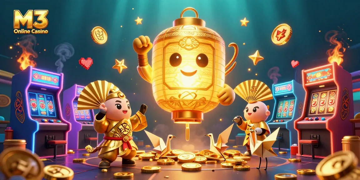 M3 Online Casino features an artful golden lantern spirit surrounded by vibrant gaming elements.