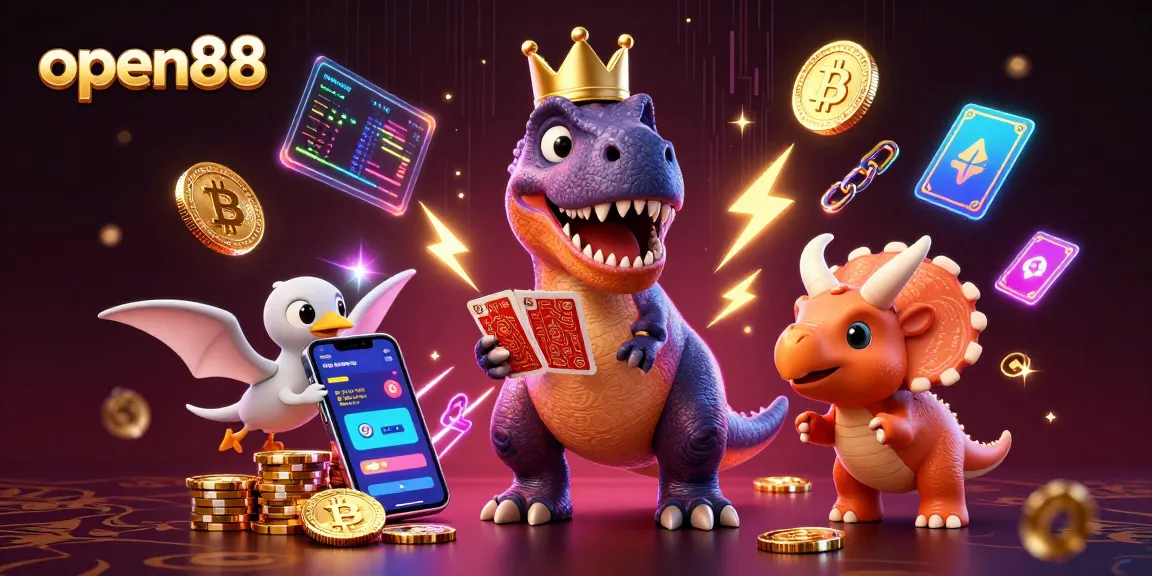 Experience the excitement of open88 with a T-Rex shuffling cards and a triceratops stacking chips in vibrant colors.