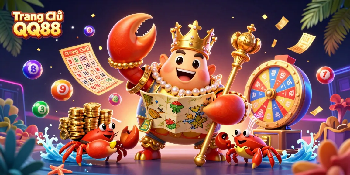 Experience the thrill at Trang Chủ QQ88 with a vibrant illustration of a golden crab emperor amidst colorful lottery elements.