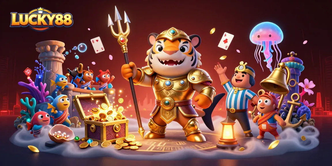 LUCKY88 showcases a thrilling underwater casino battle with a shark warrior and cheering fish in vibrant colors.