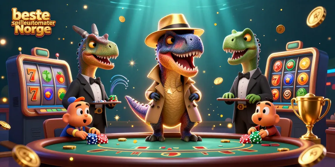 Spill de beste spilleautomater Norge med fargerik 3D illustrasjon av dinosaurer som spiller kort og vinner.