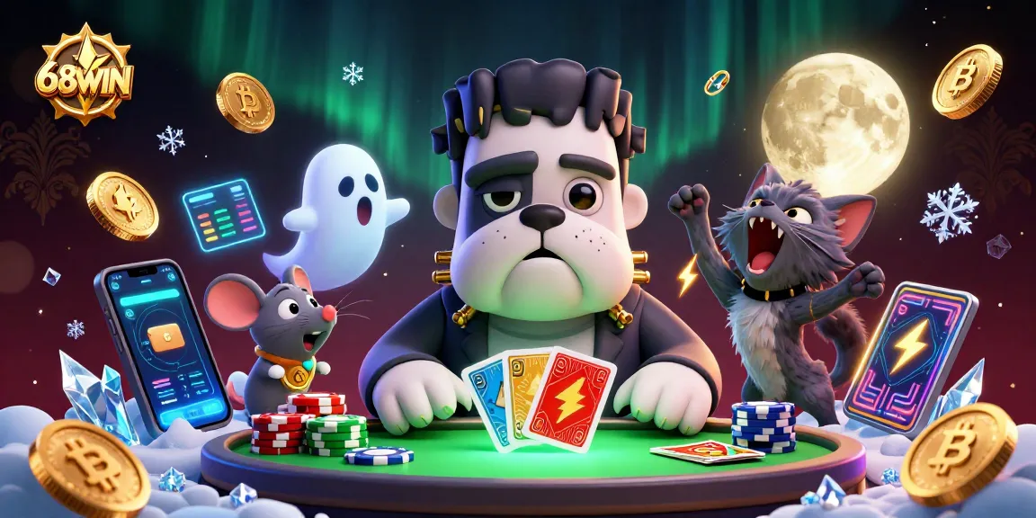 Experience thrilling gaming action with 68WIN's vibrant casino scene featuring playful characters and crypto elements.